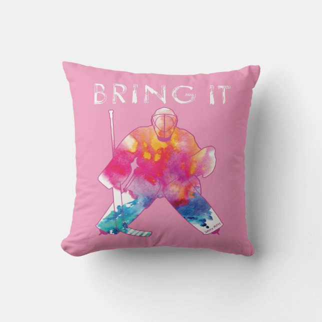 Pink Bring It Hockey Goalie Watercolor Reversible Throw Pillow (Front)