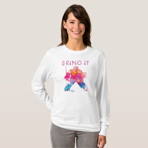 Pink Bring It Hockey Goalie Watercolor Womens T_Shirt
