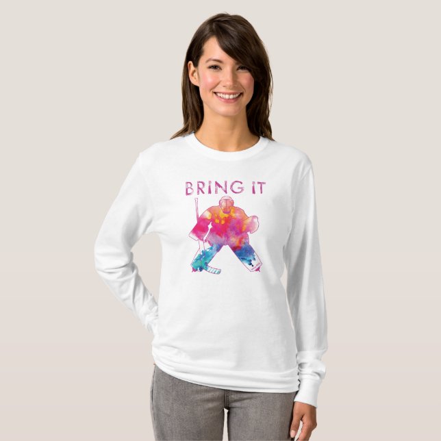 Pink Bring It Hockey Goalie Watercolor Women's T-Shirt (Front Full)