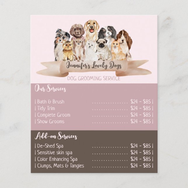 Pink Brochure Dogs Groomer Service Offers Flyer (Front)