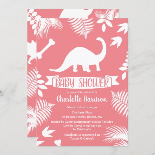 Pink Brontosaurus Dinosaur Baby Shower Invitation