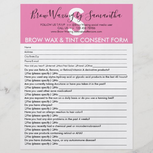 Pink Brow Wax Tint Customer Consent Waiver Form Flyer
