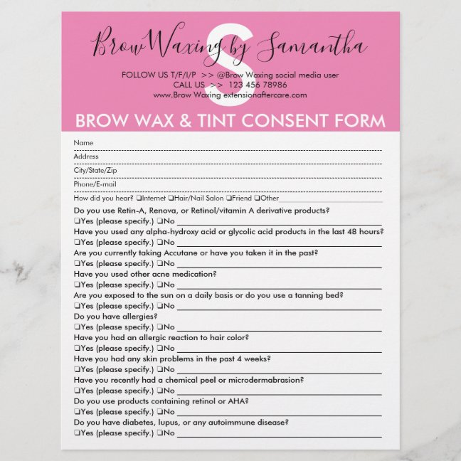 Pink Brow Wax Tint Customer Consent Waiver Form Flyer