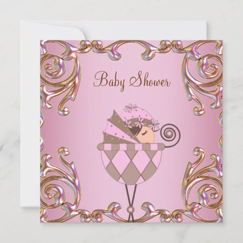 Pink Brown Gold Lace Girl Baby Shower Invitations