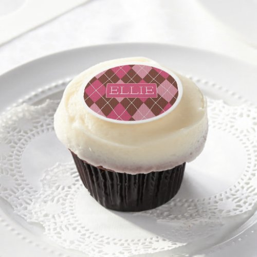 PinkBrown Argyle Knit Diamonds _ Name or Initials Edible Frosting Rounds