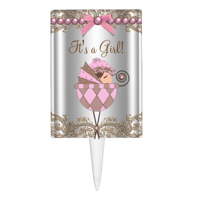 Pink Brown Baby Shower Cake Topper (Front)