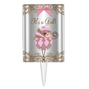 Pink Brown Baby Shower Cake Topper