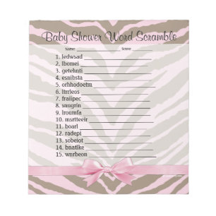 Pink/Brown Baby Shower Word Scramble Game 40 Pages Notepad