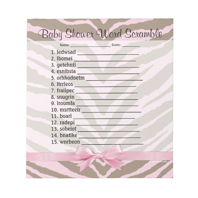 Pink/Brown Baby Shower Word Scramble Game 40 Pages Notepad (Front)