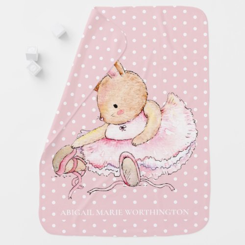Pink Brown Ballerina Bunny Rabbit Polka Dots Name Baby Blanket