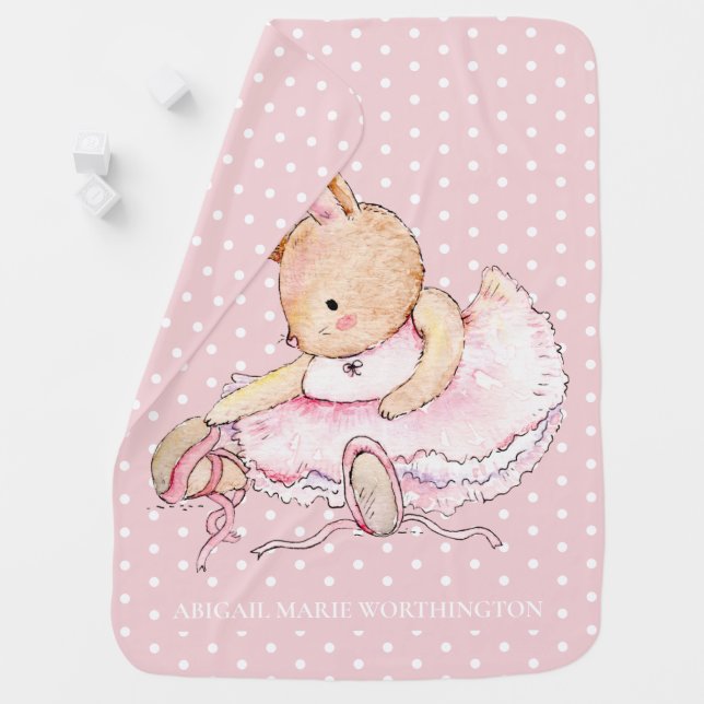 Pink Brown Ballerina Bunny Rabbit Polka Dots Name Baby Blanket (In Situ)