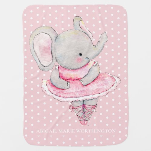Pink Brown Ballerina Elephant Polka Dots Name Baby Blanket