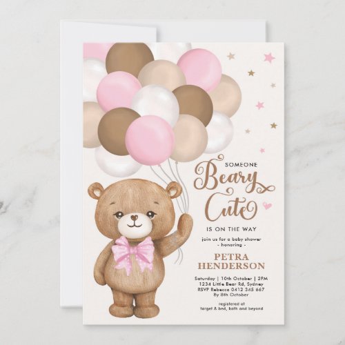 Pink Brown Beary Cute Teddy Bear Girl Baby Shower Invitation