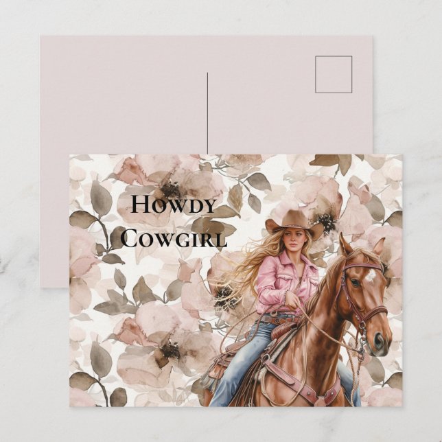 Pink Brown Blond Cowgirl Southwestern Floral Howdy Postcard (Front/Back)
