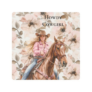 Pink Brown Blond Cowgirl Southwestern Floral Metal Print