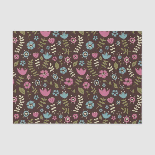 Pink Brown & Blue Whimsical Flowers Nature Pattern Tissue Paper (Front)