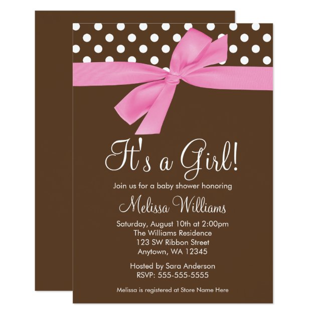 Pink Brown Bow Polka Dot Baby Shower Invitations