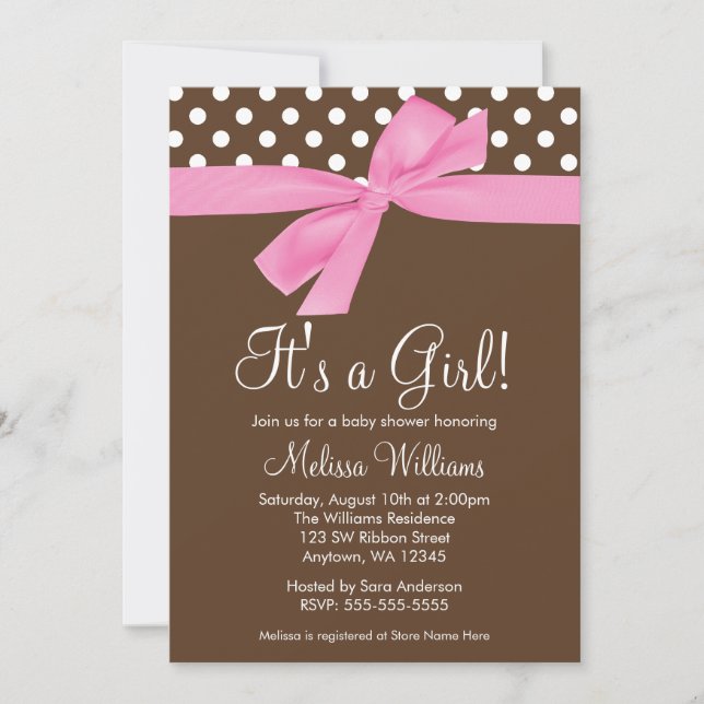 Pink Brown Bow Polka Dot Baby Shower Invitations (Front)