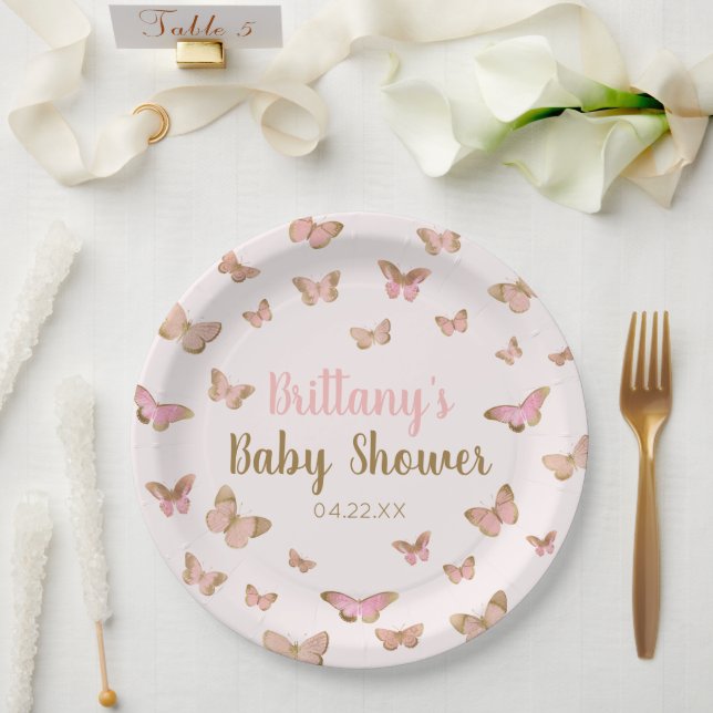 Pink Brown Butterfly Themed Baby Shower  Paper Plates (Wedding)