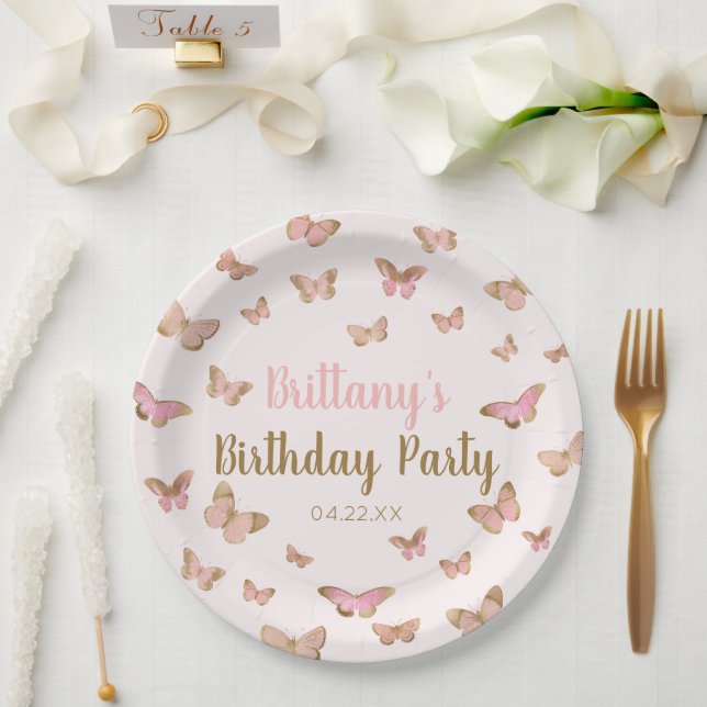 Pink Brown Butterfly Themed Birthday Party Paper Plates (Wedding)