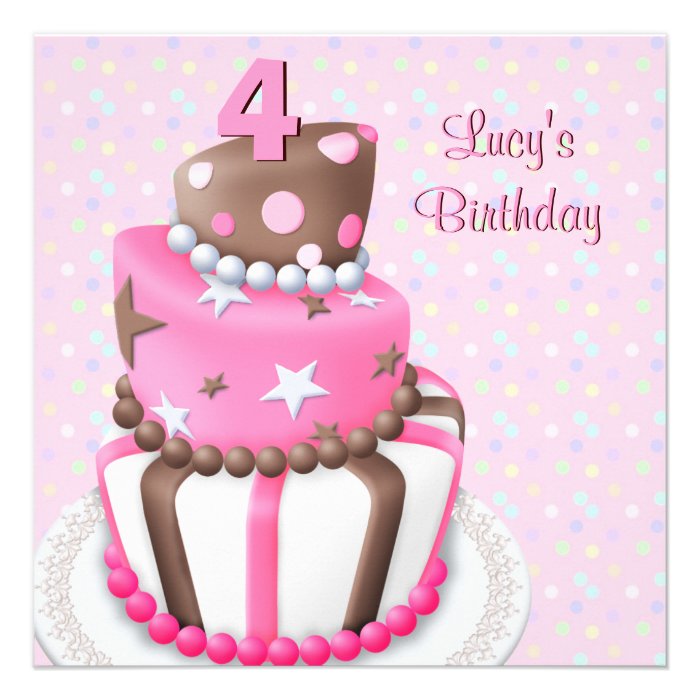 Pink Brown Cake Girls 4th Birthday Party Personalized Announcement