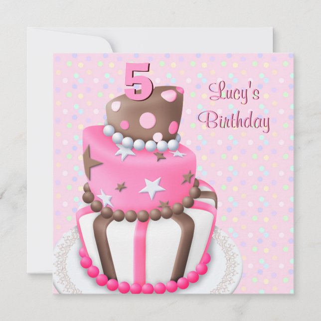 Pink Brown Cake Girls 5th Birthday Party Invitation (Front)