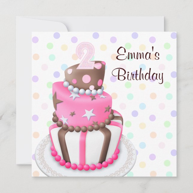 Pink Brown Cake Presents Girls 2nd Birthday Party Invitation (Front)