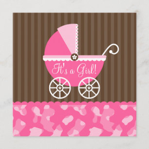 Pink Brown Carriage Camo Girl Baby Shower Invitation