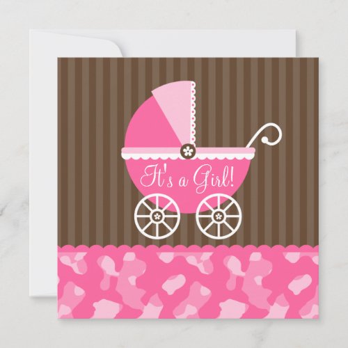 Pink Brown Carriage Camo Girl Baby Shower Invitation