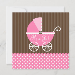 Pink Brown Carriage Dots Girl Baby Shower Invitation