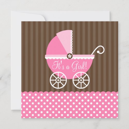 Pink Brown Carriage Dots Girl Baby Shower Custom Invites