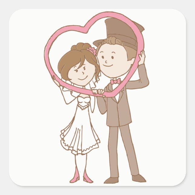 Pink & Brown Cartoon Bride & Groom Wedding Square Sticker (Front)