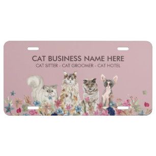 Pink Brown Cat Sitting Service License Plate