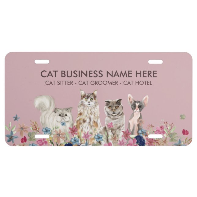 Pink Brown Cat Sitting Service License Plate (Front)
