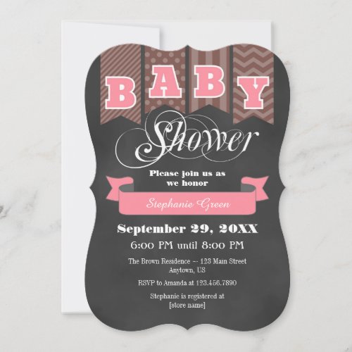 Pink Brown Chalkboard Flag Baby Shower Invite