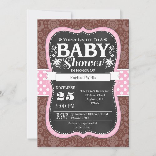 Pink Brown Chalkboard Floral Baby Shower Invite