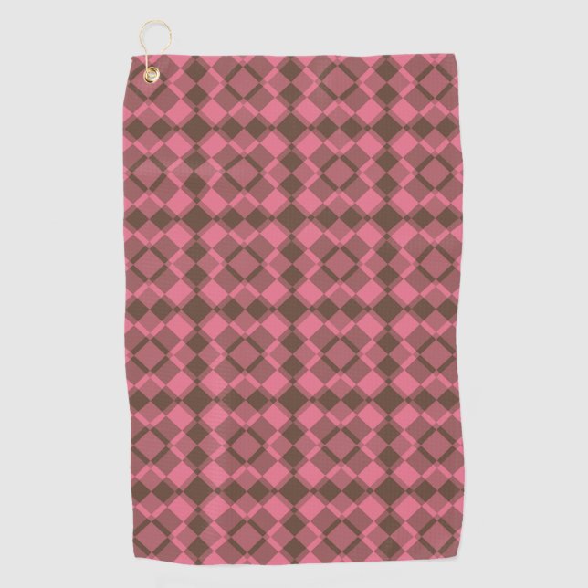 Pink Brown Checker Argyle Pattern Golf Towel (Front)