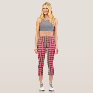 Pink Brown Checker Diamond Pattern Capri Leggings