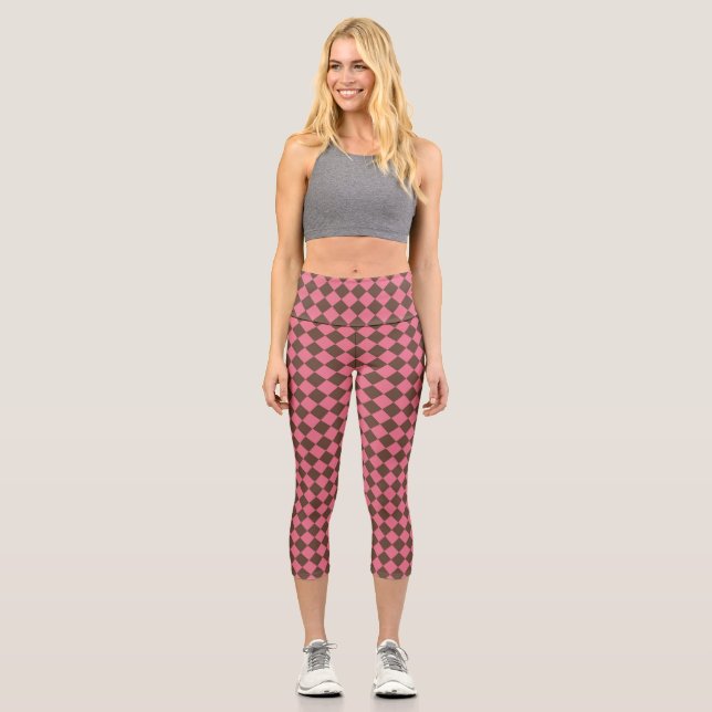 Pink Brown Checker Diamond Pattern Capri Leggings (Front)