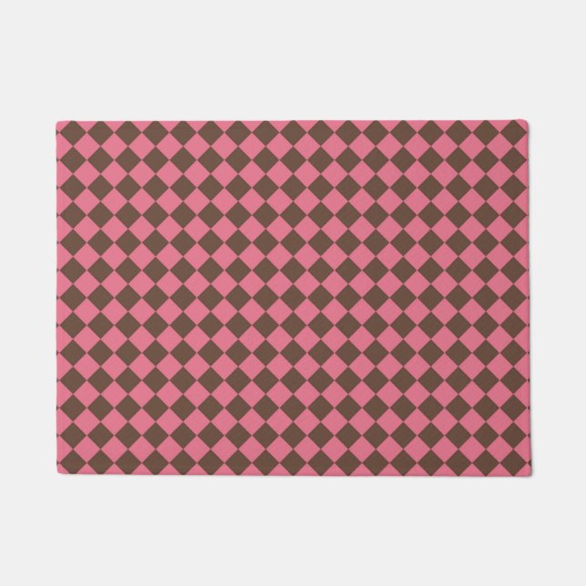 Pink Brown Checker Diamond Pattern Doormat (Front)