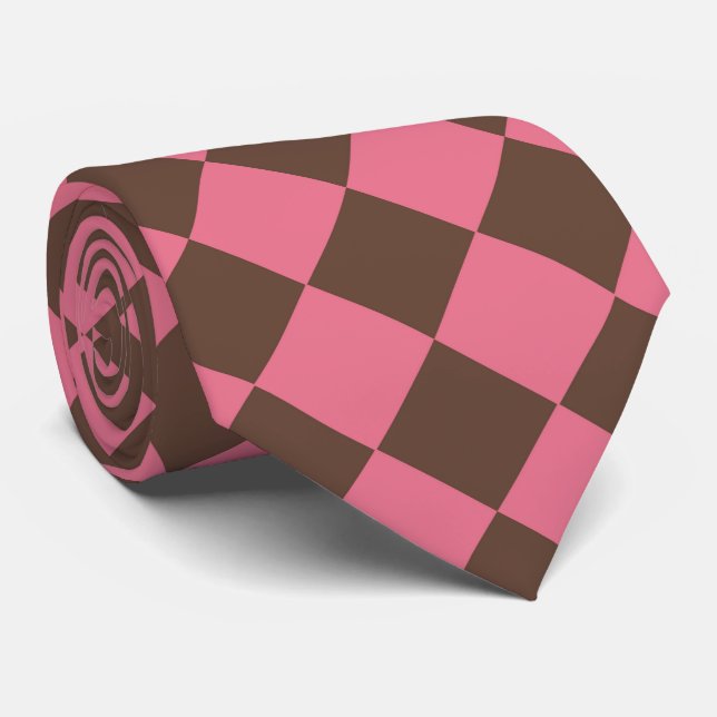 Pink Brown Checker Diamond Pattern Neck Tie (Rolled)