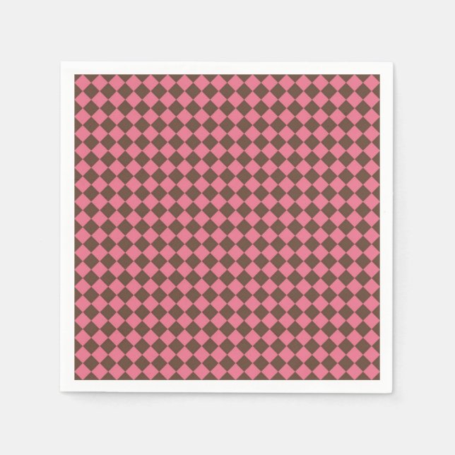 Pink Brown Checker Diamond Pattern Paper Napkin (Front)