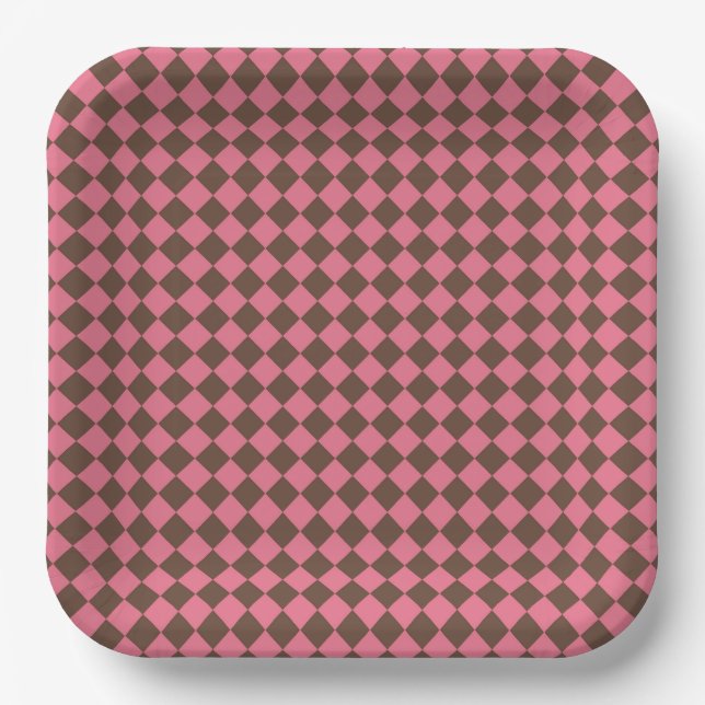 Pink Brown Checker Diamond Pattern Paper Plates (Front)