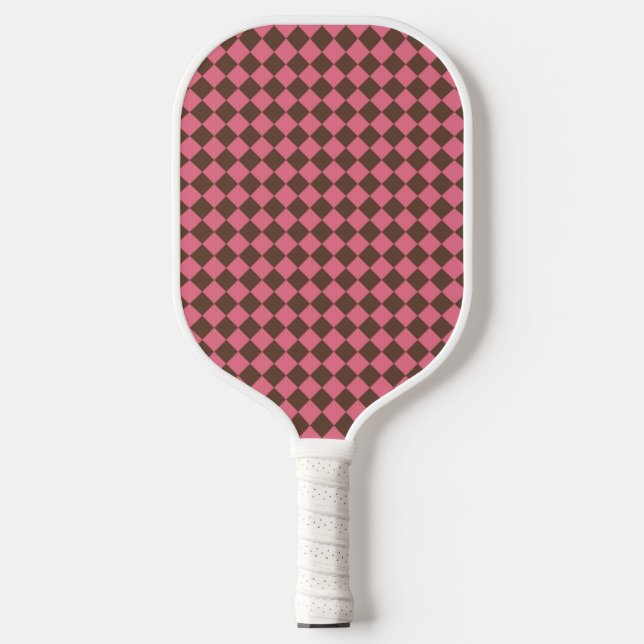 Pink Brown Checker Diamond Pattern Pickleball Paddle (Front)