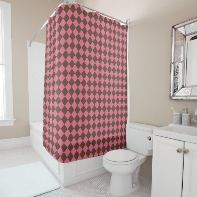 Pink Brown Checker Diamond Pattern Shower Curtain (In Situ)