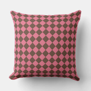 Pink Brown Checker Diamond Pattern  Throw Pillow