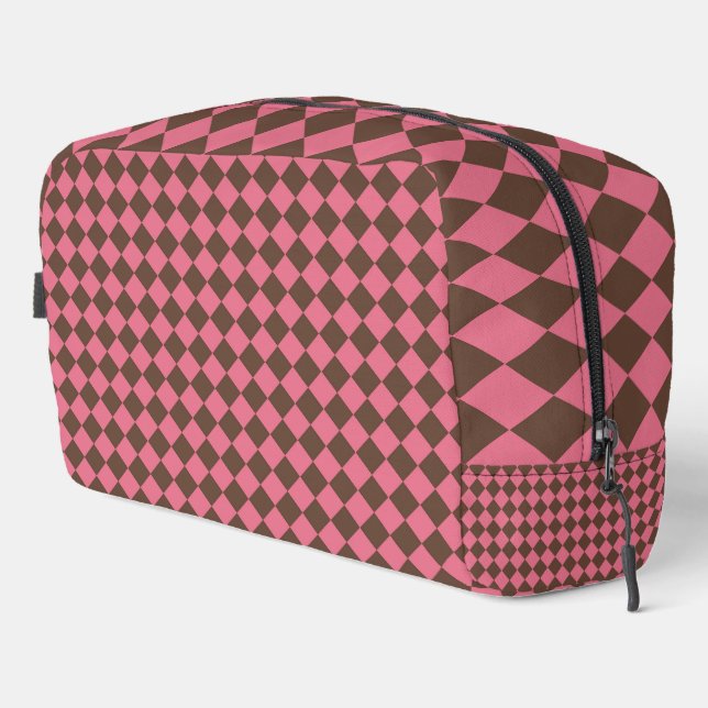 Pink Brown Checker Diamond Pattern Toiletry Bag (Right Corner)