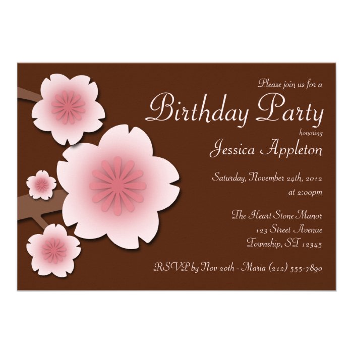 Pink & Brown Cherry Blossom Birthday Party Personalized Announcement