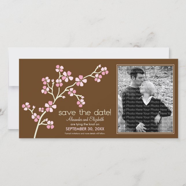 Pink/Brown Cherry Blossom Save the Date Photocard (Front)