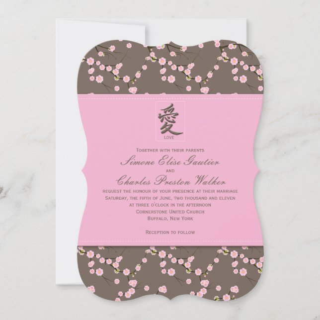 Pink, Brown Cherry Blossoms Wedding Invitation (Front)